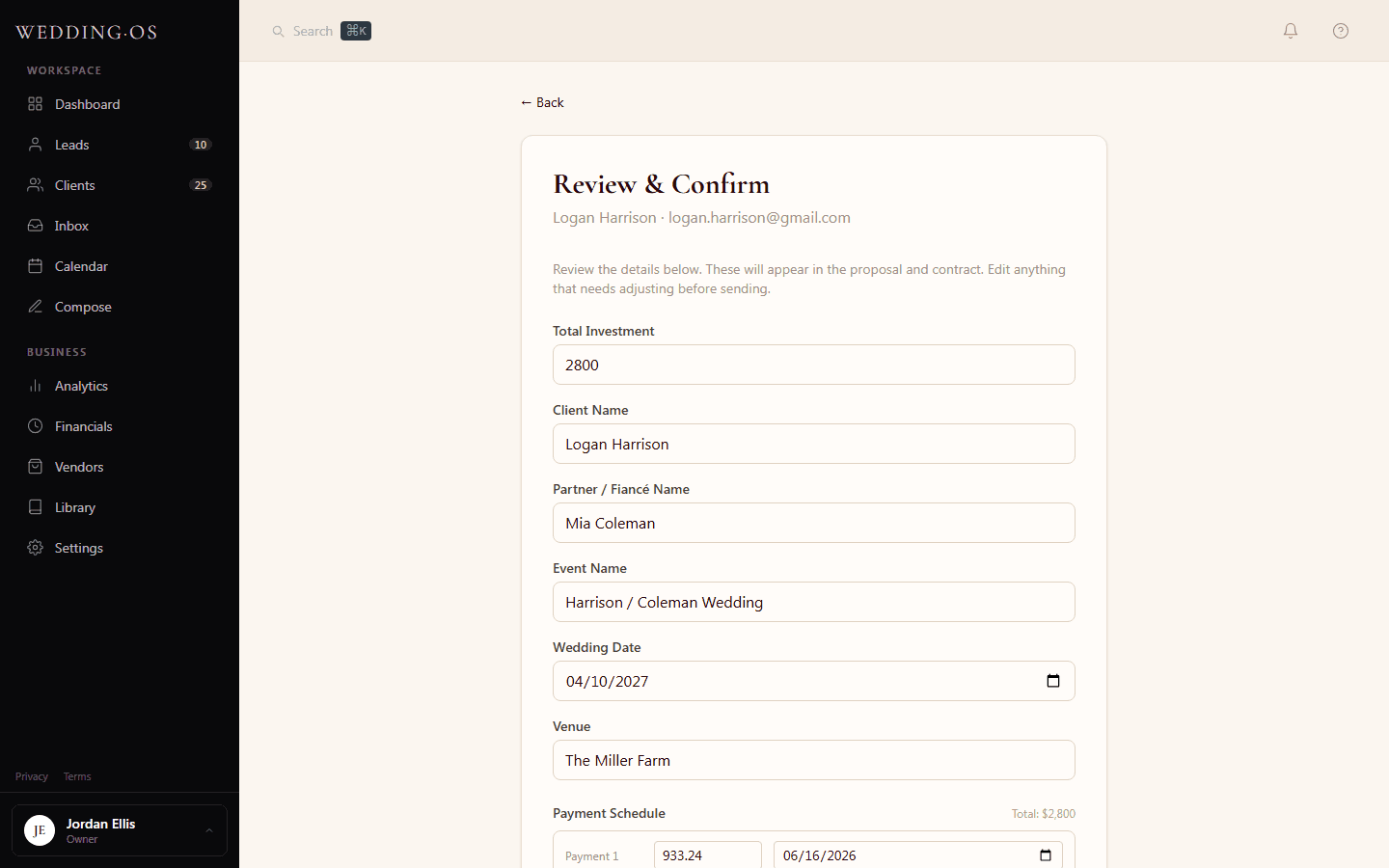WeddingOS proposal builder